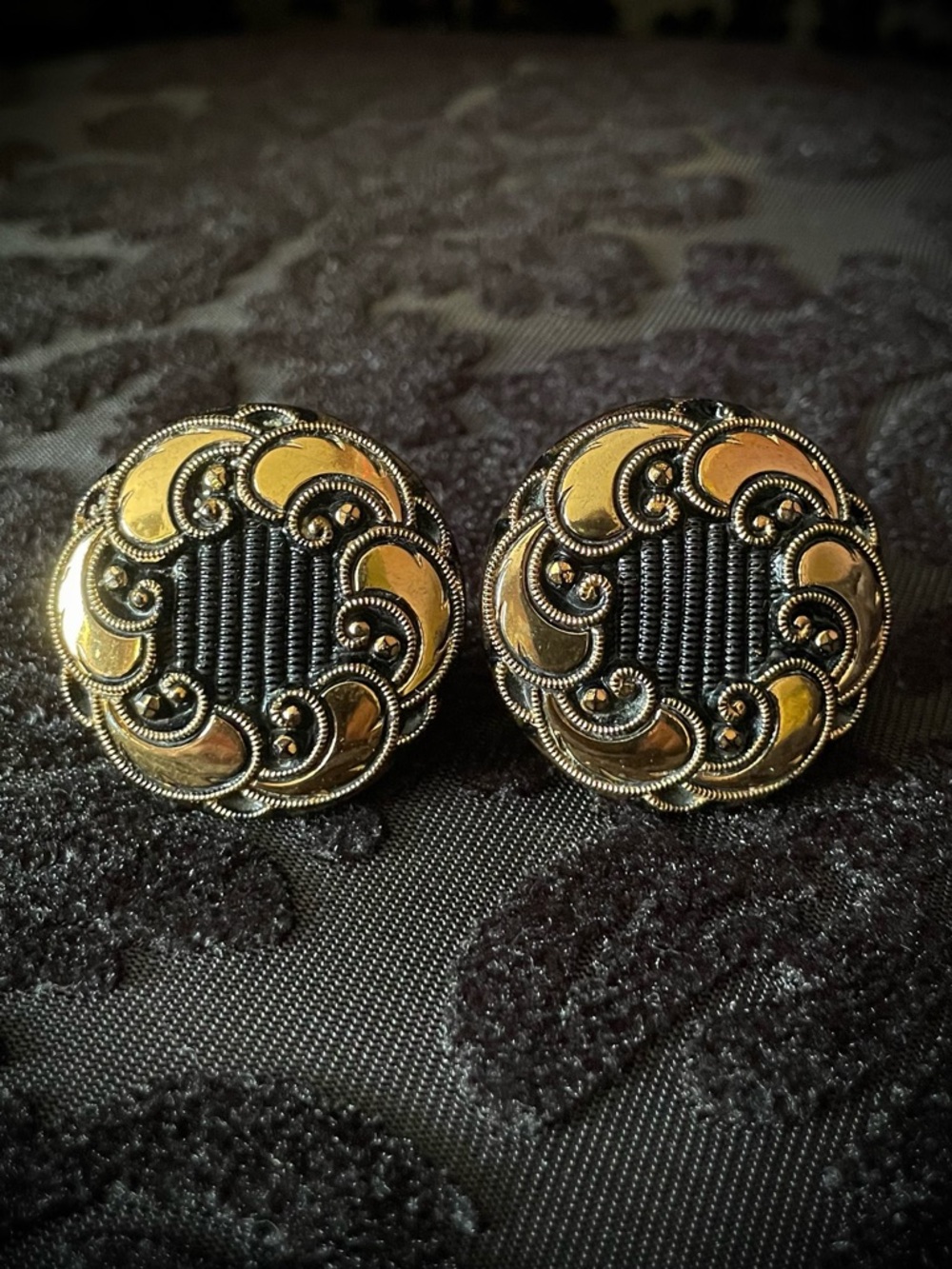 Baroque Gold Scroll Black Textured Vintage Button Clip on Earrings